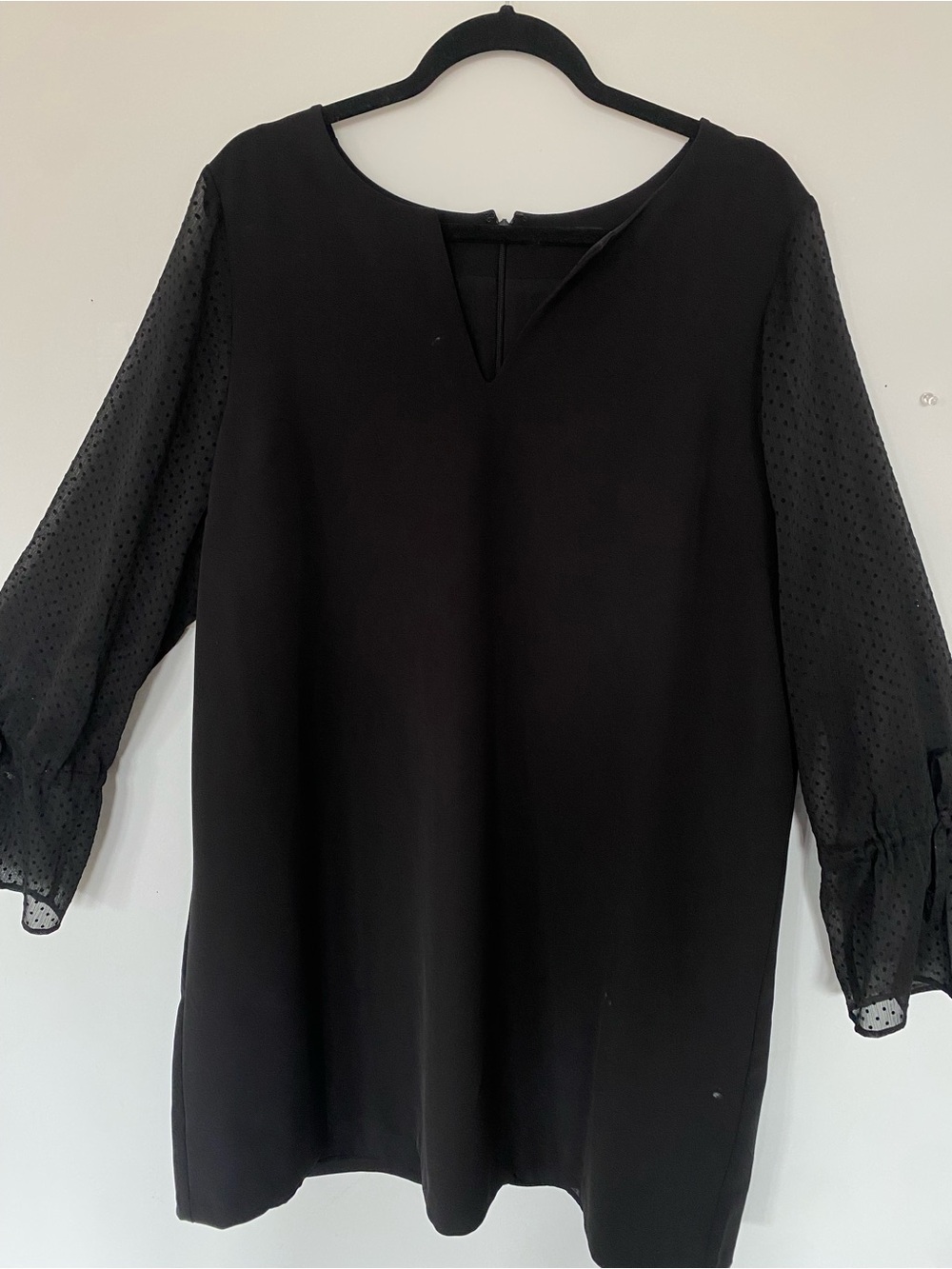 Reitmans Black Tunic with Sheer Polka-Dot Sleeves